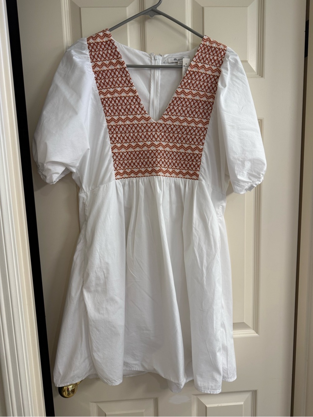 Madewell White Tunic with Rust Embroidered V-Neck
